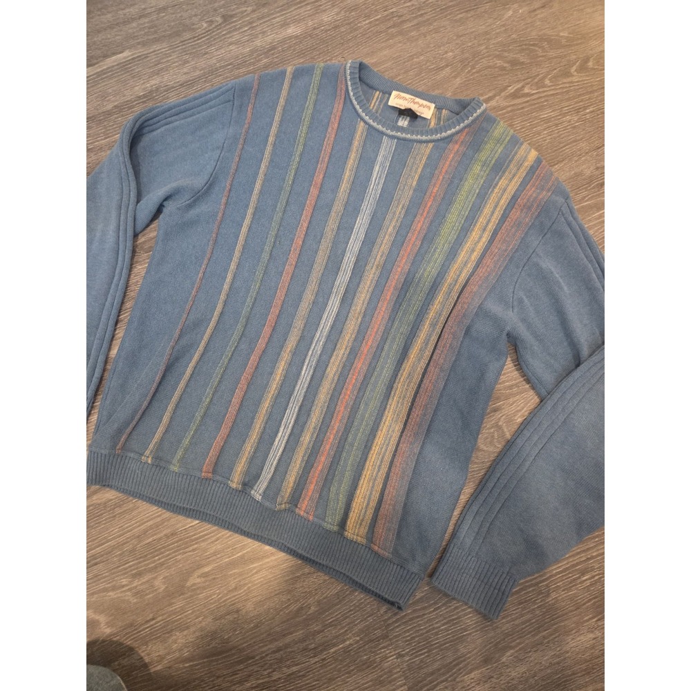 Vintage Norm Thompson Sweater Mens L Blue Multicolor Knit Grandpacore